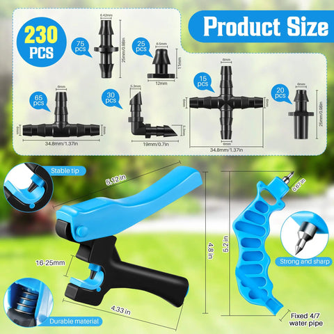 2 In 1 Drip Irrigation Hole Punch Cutter With Barbed Connectors For One Quarter Inch Fittings And 16 20 25 mm PE Pipe Includes 230 Blue Irrigation Plugs