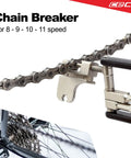 Ultra Slim 17 Function Bike Tool With Chain Breaker, chain breaker demonstrated on bicycle chain for 8-11 speed bikes.