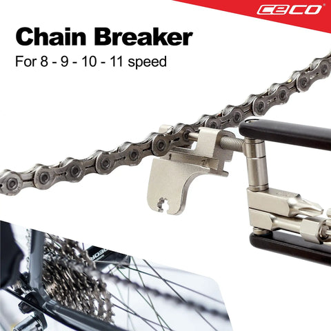 Ultra Slim 17 Function Bike Tool With Chain Breaker, chain breaker demonstrated on bicycle chain for 8-11 speed bikes.