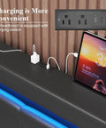 Rock Solid Full Size Bed Frame With Plush Faux Leather Upholstery And Four Seamless Gliding Storage Drawers Plus Handy LED accent lights charging station on headboard.