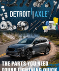 Car on road with automotive parts and Detroit Axle logo in background