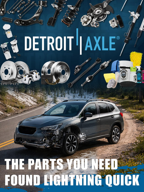 Automobile with Detroit Axle parts displayed above on a scenic road.