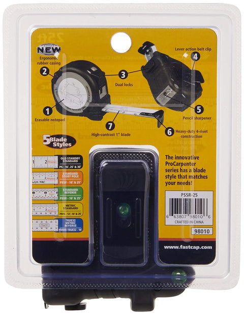 Back of ProCarpenter 25-Foot Lefty Righty Measuring Tape With Fastpad showing features, belt clip, and pencil sharpener.