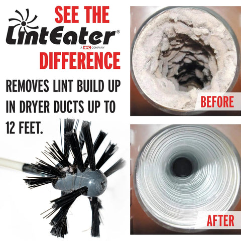 Rotary Dryer Vent Cleaning Kit with long reach up to 12 feet; before and after duct cleaning results shown with brush tool.