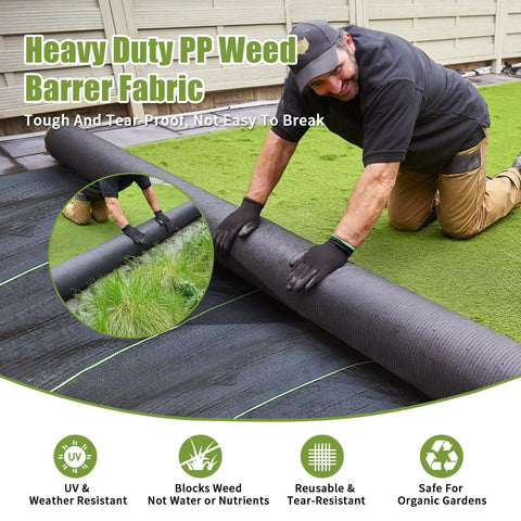 Man installing black Heavy Duty Weed Barrier Landscape Fabric 3Ft By 50Ft With 10 U Shaped Pegs And 10 Gaskets Geotextile Ground Cover