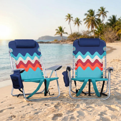 Two Pack Aluminum Folding Beach Chairs With Four Position Recline And Lay Flat Option on a tropical beach