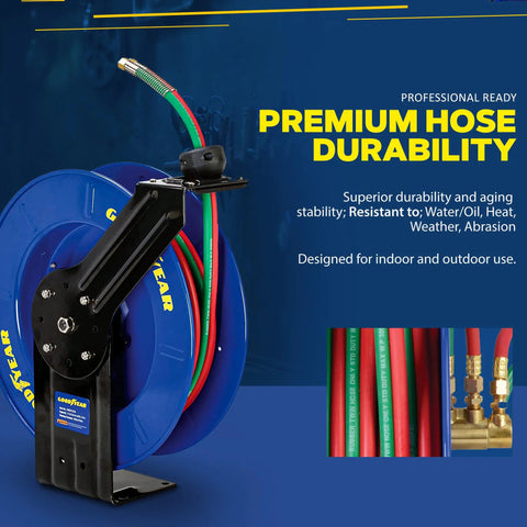 Retractable Welding Hose Reel With Twin Oxygen And Acetylene Rubber Hoses Heavy Duty Steel Arm Three Hundred PSI Rating