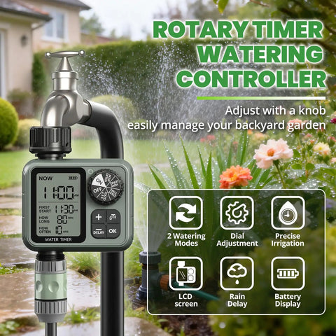 Rotary timer displaying auto/manual modes on hose for lawn watering, part of No Fuss Setup Hose Timer With Rain Delay system.