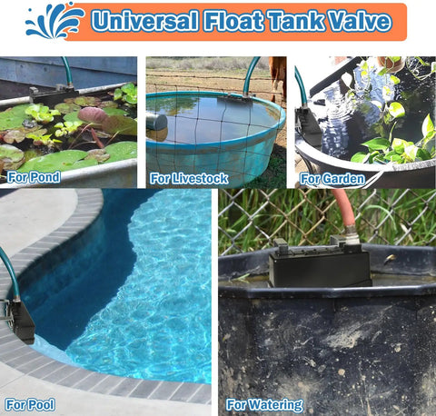 Automatic Stock Tank Float Valve For Livestock Waterer Trough With Safe Auto Water Level Control No More Night Checks Prevents Overfill And Flooding Easy Farm Water Management For Ranch Barn Yard, shown in stock tank