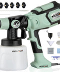 Heavy Duty 1000W HVLP Paint Sprayer Packed With Six Swap Out Tips For Smooth Variable Finishes Quick Rinse Cleanup In 47 Oz Removable Cup Ideal For Gritty Diy Jobs And Room Refreshers Slick Avocado Green, with spray gun and accessories.