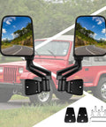 Passenger and driver side view mirror pair replacement for Jeep Wrangler manual folding no drilling easy install black finish mirrors for TJ and classic Wrangler models 1987 through 2002, shown with installation hardware.