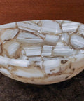 Top Shelf Natural Agate Stone Sink For Bathroom And Kitchen Round Semi Precious Spa Wash Basin With Hardened Glaze. Side view of luxury bowl.