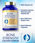 Bone Strength Calcium Complex Supplement With Vitamin D3 Magnesium Zinc K2 Boron 120 Capsules Non GMO Gluten Free For Stronger Bones