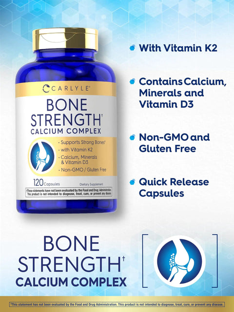 Bone Strength Calcium Complex Supplement With Vitamin D3 Magnesium Zinc K2 Boron 120 Capsules Non GMO Gluten Free For Stronger Bones