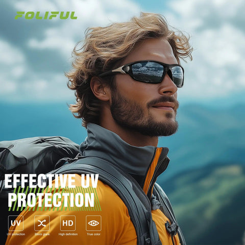 Man wearing 3 Pack Polarized Sports Sunglasses For Men With Wraparound Frame UV400 Protection For Cycling Fishing Running Driving
