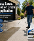 Man applying penetrating concrete sealer for driveways, patios, pavers, brick, grout and masonry using spray applicator outdoors.
