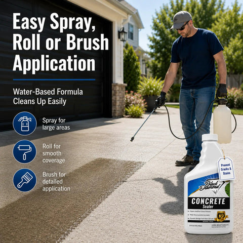 Bomb Proof Clear Concrete Sealer Water Based Waterproofing Spray Slap It On Driveways Or Patios For Crack Free Dry Ground And Stain Proof Grout Low Odor Real Tough Coverage 4 Gallon being applied with a sprayer on a driveway.