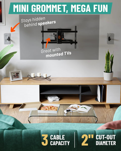 Living room setup with mounted TV and Two Pack Mini In Wall TV Cord Hider Kit Two Point Five Inch Width For Low Profile Cable Concealment
