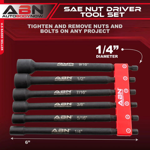Impact Nut Driver Set Six Piece SAE Long Shank With Magnetic Tips And Sockets One Quarter Inch Hex Shank Six Inch Reach