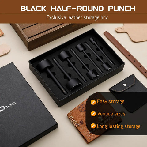 7 Piece Leather Punch Set 15mm To 45mm Corner And Half Round Holes Kit in display case for belts and wallets