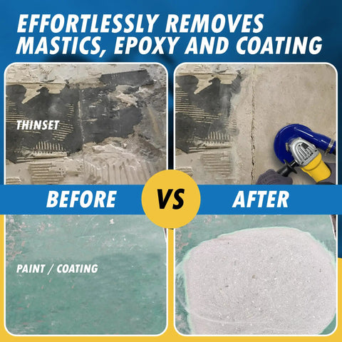 4.5 Inch Diamond Grinding Wheel Workhorse For Aggressive Concrete And Coating Removal With S Segments Grit 18 20 Arbor 5 8 11 Fast Stock Removal For Epoxy Paint Mastic And Curb Joints showing before and after concrete grinding results.