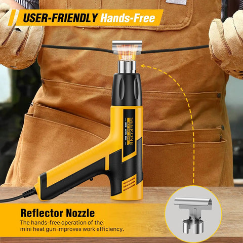 Mini Heat Gun Dual Temperature 600W with 572F and 932F settings, orange reflector nozzle, used hands-free for crafts.
