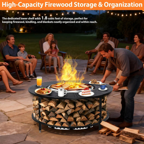 Group using 40-Inch Compact Fire Pit Surround Tabletop For Solo Stove Ranger And Tiki 20-Inch Pits with firewood storage