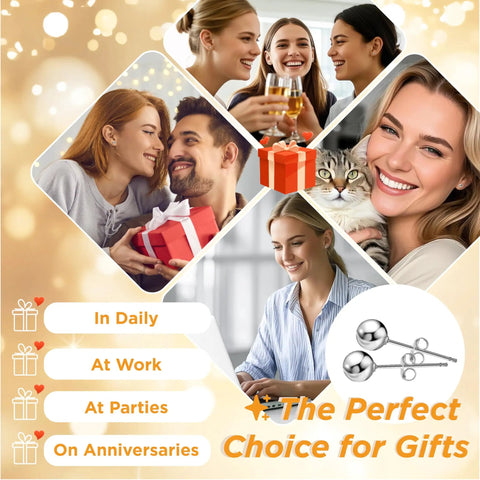Five Pair Tiny Ball Stud Earrings For Women, Hypoallergenic S925 Sterling Silver Jewelry Set, Five Color Options Rose Gold Gold Silver Black Pearl, Includes Five Sizes For Daily Sparkle. Silver ball stud earrings on display