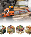 Person holding Beast 62cc Gas Powered Chainsaw With 20 Inch Bar for tree cutting, shown in outdoor setting with various tasks.