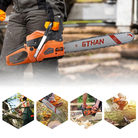 Person holding Beast 62cc Gas Powered Chainsaw With 20 Inch Bar for tree cutting, shown in outdoor setting with various tasks.