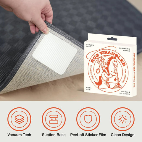 4 Pack Extra Strong Non Slip Rug Pad Tape With Vacuum Tech Grip For Hardwood Floors And Tile shown with packaging