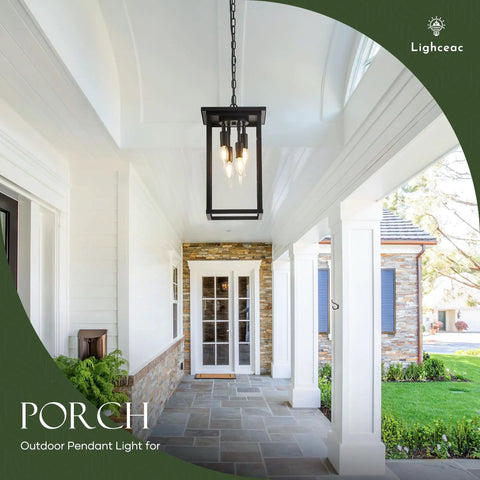 8 Inch Modern Black Exterior Lantern Pendant Light With 3 Lights, Acrylic Bubble Glass Shade in outdoor porch setting