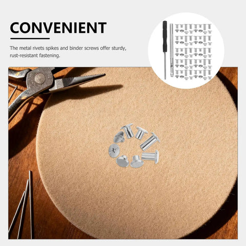 Assorted screw rivets and metal fasteners on a felt surface with pliers, part of Badass Durable 110 Pack Leathercraft Screw Rivets.
