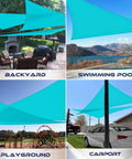 Turquoise Triangle Sun Shade Sail Canopy 12x12x17 Ft Waterproof UV Block Heavy Duty Polyester With D Rings in various outdoor settings