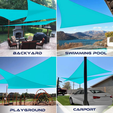 Turquoise Triangle Sun Shade Sail Canopy 12x12x17 Ft Waterproof UV Block Heavy Duty Polyester With D Rings in various outdoor settings