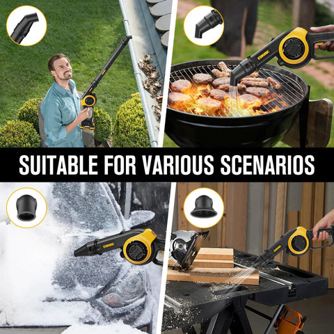 Cordless Mini Leaf Blower 20V With Battery And Fast Charger, 130 CFM 200 MPH used in various scenarios including patio, grill, car, and woodworking cleanup.