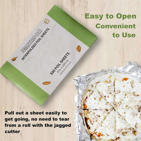 Premium Aluminum Foil Sheets 9 By 10.75 Inches, 1000 Sheets, Pop Up Dispenser, shown with pizza on foil