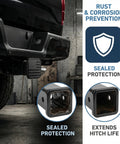 Two Inch Trailer Hitch Cover With American Flag Design Upgraded Rubber And Aluminum Shield for vehicle showing sealed protection and rust prevention.
