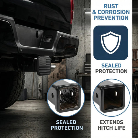 Two Inch Trailer Hitch Cover With American Flag Design Upgraded Rubber And Aluminum Shield for vehicle showing sealed protection and rust prevention.