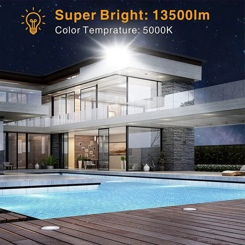 Outdoor 150W LED Flood Light With Dusk To Dawn Photocell illuminating a modern house with pool at night.