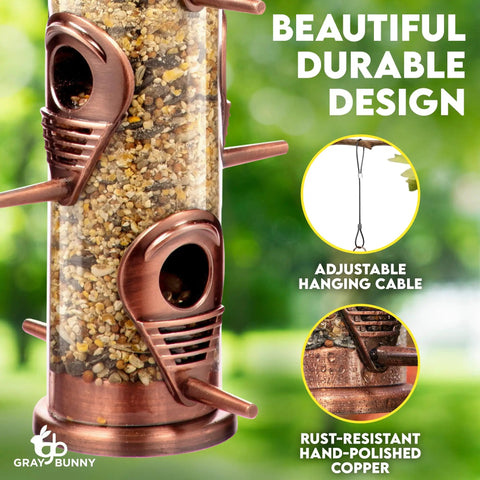 Outdoor Bird Feeder With Locking Lid And Chew Proof Metal Copper Finish, showing six port design with weatherproof features.