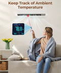 Woman using 2-In-1 Infrared Thermometer Gun With Meat Probe Handy Digital Laser Temp Meter for home temperature check