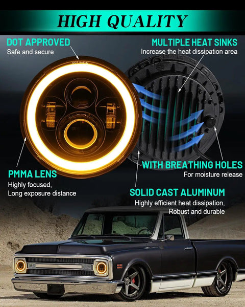 Beefed Up 7 Inch LED Headlights 2 Pack Round Projector Halo With Hi Lo Beam And Amber DRL Turn Signal DOT Approved