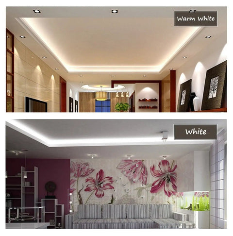 Warm White LED Strip Light 131Ft 40m Waterproof Flexible Rope With Remote Dimmable SMD5050 For Indoor Outdoor Home Office Decor AC 110 120V Multi Modes And Easy Plug And Play in different room settings showcasing warm and white lighting effects on ceilings.