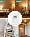 7 Day Programmable In Wall Timer Switch For Lights And Fans Digital Light Timer shown in bedroom, living room, hallway, porch.