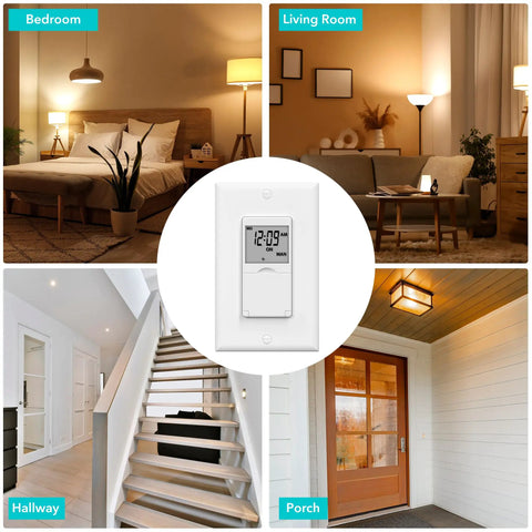 7 Day Programmable In Wall Timer Switch For Lights And Fans Digital Light Timer shown in bedroom, living room, hallway, porch.