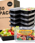 Stacked 50 Pack 32oz Meal Prep Containers With Leakproof Lids BPA-Free Plastic Food Storage Reusable To Go Boxes next to packaging