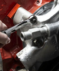 Using Stubby Metric Wrench Set, 10 Piece 12 Point Combination Wrenches For Tight Spaces on engine component, off corner loading