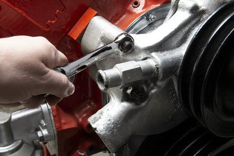 Using Stubby Metric Wrench Set, 10 Piece 12 Point Combination Wrenches For Tight Spaces on engine component, off corner loading