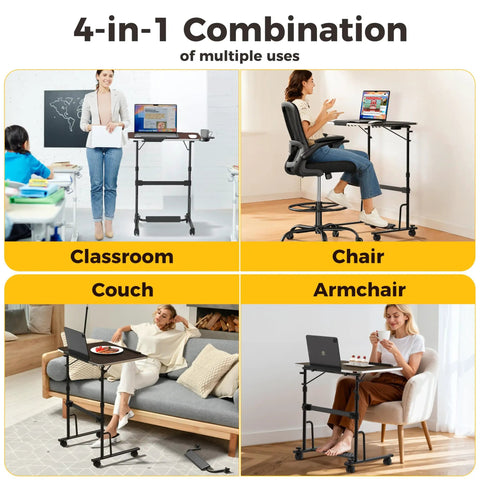 Adjustable Sit Stand Rolling Desk Built Tough With Slick Gliding Wheels And Multi Level Height Tuning for various uses in classroom and living spaces.